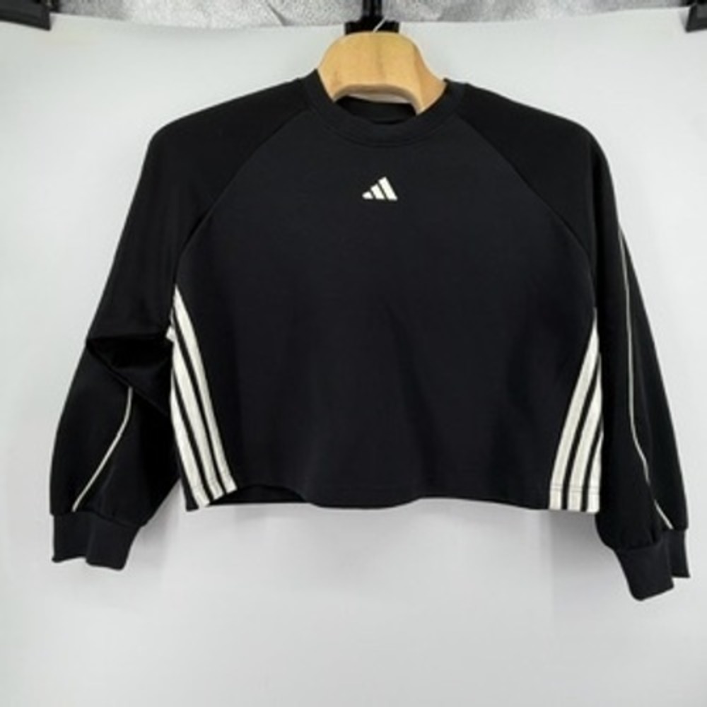 Adidas Womens XL Black Cropped Sweatshirt 3 Stripe Raglan Pullover Logo Top - Picture 2 of 6